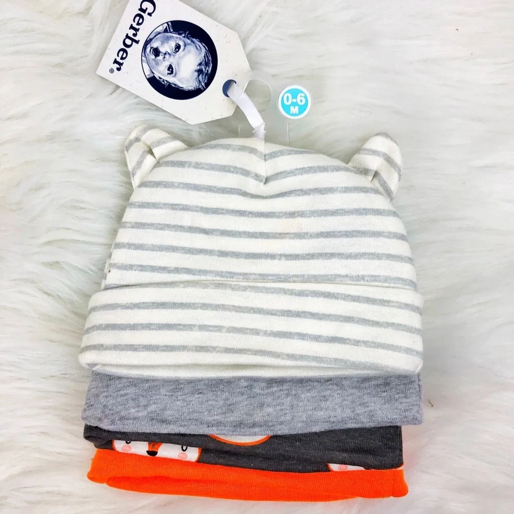 Gerber infant baby hats set of 4 0-6 month fox
